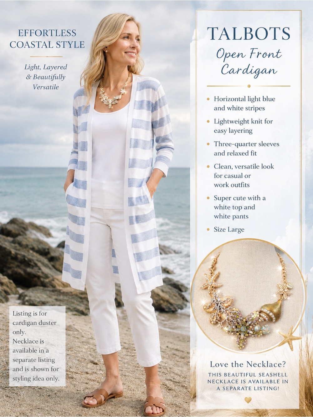 Talbots Light Blue and White Striped Open-Front Women's Cardigan Duster Size L